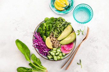 Wall Mural - Spring detoxifying vegetarian salad  with quinoa red cabbage and sprouts, top down view