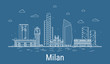 Milan city, Line Art Vector illustration with all famous towers. Linear Banner with Showplace. Composition of Modern buildings, Cityscape. Milan buildings set.