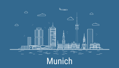 Wall Mural - Munich city, Line Art Vector illustration with all famous buildings. Linear Banner with Showplace. Composition of Modern cityscape. Munich buildings set.