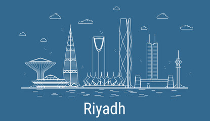 Wall Mural - Riyadh city, Line Art Vector illustration with all famous towers. Linear Banner with Showplace. Composition of Modern buildings, Cityscape. Riyadh buildings set.