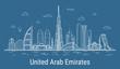 Modern United Arab Emirates line art Vector illustration with all famous buildings. Skyline.