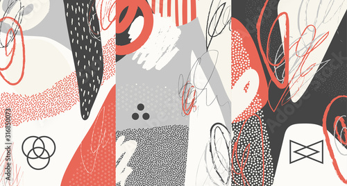 Creative doodle art header with different shapes and textures. Collage. Vector