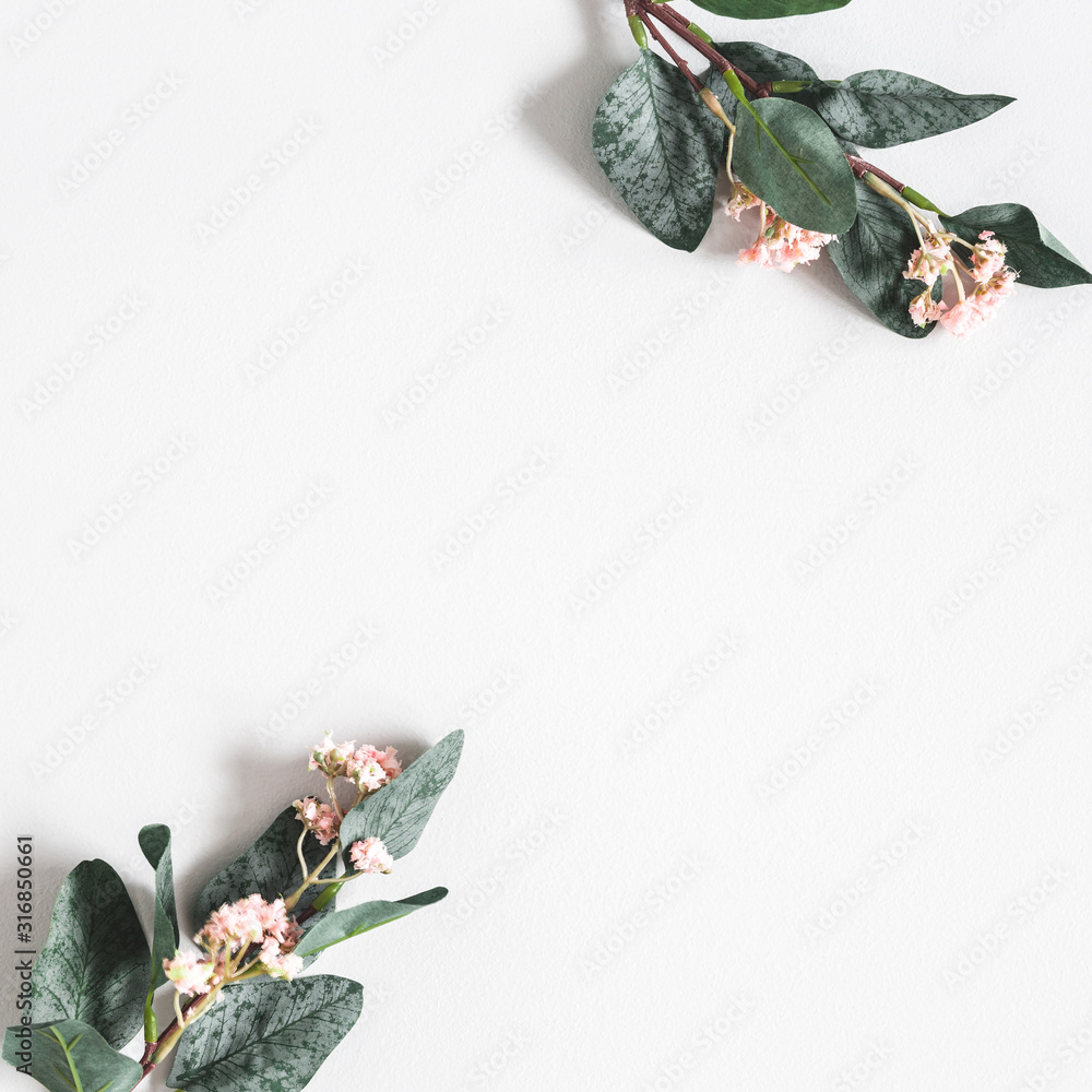 Flowers composition. Flower on pastel gray background. Flat lay, top view - obrazy, fototapety, plakaty 