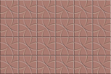 3D Seamless Texture Of Circle Squared Floor Tiles. Repeating Red Pattern Of Radial Stone Pavement