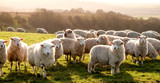 eight sheep in a row in a field looking at the camera with a flock of sheep behind, the sun is shining