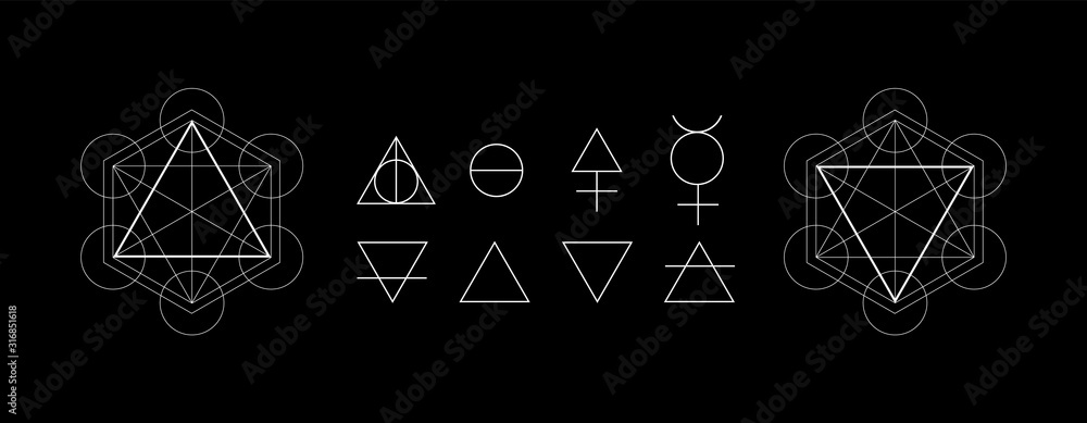 Alchemy symbols isolated on dark background. Magic vector decorative elements - obrazy, fototapety, plakaty 