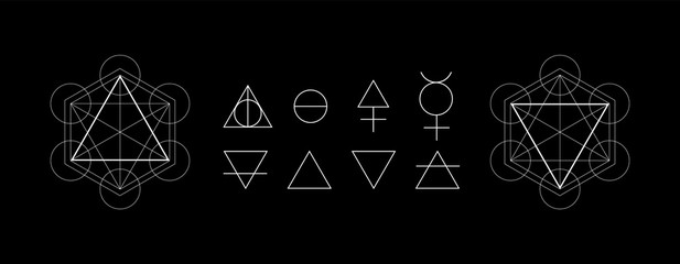 Alchemy symbols isolated on dark background. Magic vector decorative elements