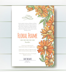 Wall Mural - Vector delicate invitation with orange chamomile for wedding, marriage, bridal, birthday, Valentine's day.