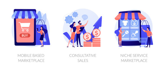 Poster - Marketing strategy icons set. Shop gifts and bonuses. Customer relationship management, conversational sales, promotional mix metaphors. Vector isolated concept metaphor illustrations