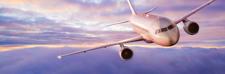 Passengers commercial airplane flying above clouds