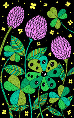 Wall Mural - Clover - floral illustration. colorful plant drawing. Graphic psychedelic multicolored line art. Vector artwork