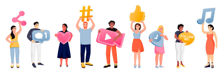 People with social media network symbols. Vector illustration. Men and women with hashtag, like, follow me icons