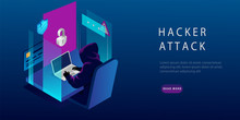 Isometric Internet Hacker Attack And Personal Data Security Concept. The Hacker At The Computer. Computer Security Technology. E-mail Spam Viruses, Bank Account Hacking. Vector Illustration