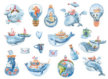 Watercolor Cute Fantasy Whales, Sea Horse, Dolphin, Fish Set. Fairytale Illustration On White Background, Perfect For Pattern, Print, Fabric, Greeting Card, Wedding Invitation, Scrapbooking