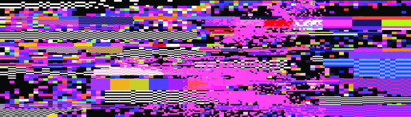 Poster - Webpunk style glitched background with VHS artifacts, random pixel noise. Vaporwave and retrowave aesthetics of 80's.