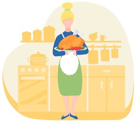 Woman in kitchen holding dish with oven roasted turkey, traditional thanksgiving dish, vector illustration. Home cooking recipe for thanksgiving holiday celebration, American tradition, cooked turkey