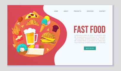 Wall Mural - Fast food delievery vector illustration for web template. Cartoon illustration of burger sandwich, hamburger, pizza and hot dog, french fries. Fast food online order delievery for restaurant or cafe.