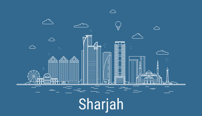 Sticker - Sharjah city line art Vector illustration with all famous buildings. Cityscape.