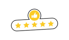Five Stars Customer Product Rating Review With Thumbs Up Icon. Modern Flat Style Vector Illustration