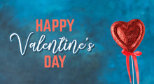 Valentine Background Blue Texture Backdrop And Red Glitter Heart Symbol And Text For Holiday Graphic Design, Card Or Invitation.