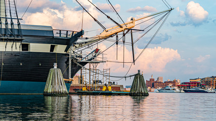 Baltimore, Maryland, US - September 4, 2019 View of Baltimore Harbor with USS Constellation Ship and office buildings