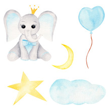 Prince Baby Elephant Hand Drawn Raster Illustration