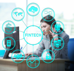 Businesswoman with computer in financial technology fintech conc