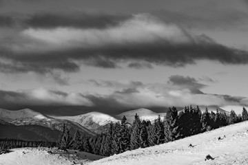 Canvas Print - Winter mountain landscape in black and white color.