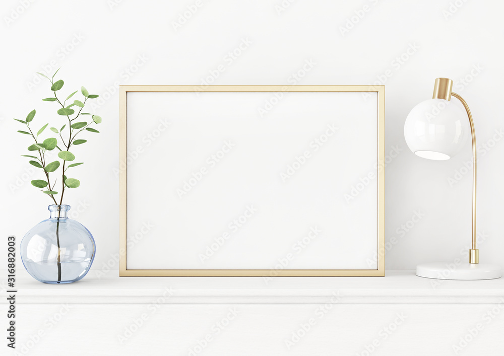 Interior poster mockup with horizontal gold metal frame on the table ...