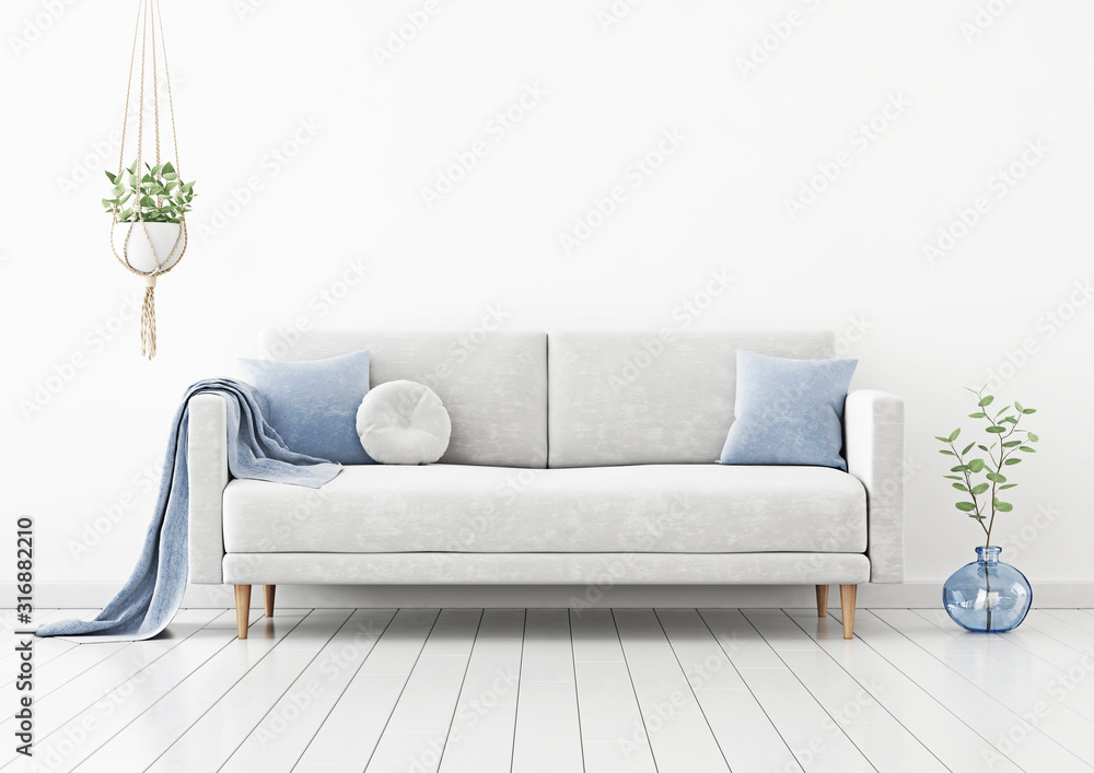 Living room interior wall mockup with gray velvet sofa, blue pillows, plaid, hanging plant and green branch in vase on empty white wall background. 3D rendering, illustration. - obrazy, fototapety, plakaty 