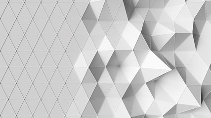 Beautiful white low poly surface morphing in abstract 3d animation. Seamless loop 3d render background in 4k