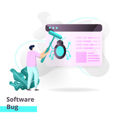 Landing page template of Software Bug. man cleaning viruses on a web board. Modern flat design concept of web page design for websites and mobile websites. Vector illustration