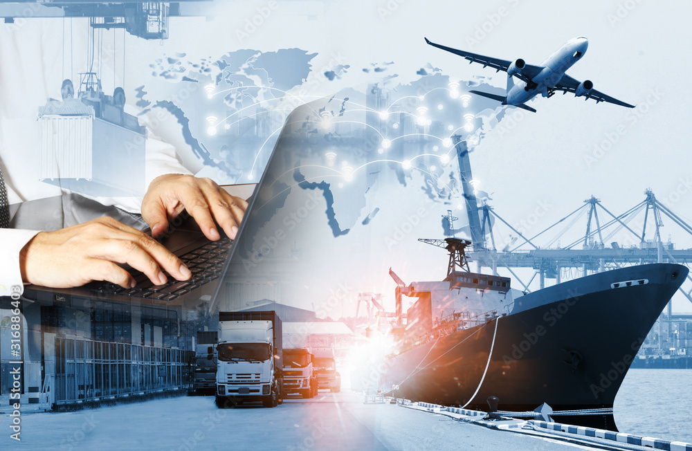 The world logistics  background or transportation Industry or shipping business, Container Cargo  shipment , truck delivery, airplane , import export Concept - obrazy, fototapety, plakaty 