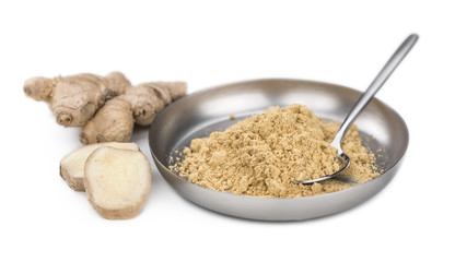 Wall Mural - Ginger Powder isolated on white background (selective focus; close-up shot)