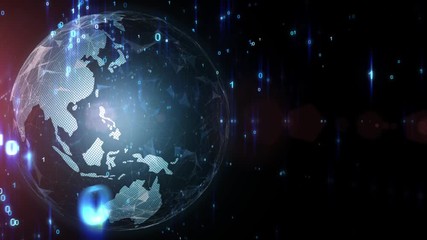 Futuristic spinning earth globe digital planet animation with binary code. Copy space animation.