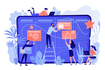 Team members moving cards on large kanban board. Teamwork, communication, interaction, business process, agile project management concept, pinkish coral blue palette. Vector illustration on white