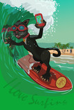 Fototapeta Konie - Cat black surfer on a Board with a mobile phone rolling on the ocean wave, taking pictures on the phone, he is happy and satisfied with his life!