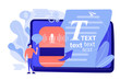 © Visual Generation - Speech-to-text app, voice recognition application. Convert speech to text, multi-language speech recognizer, voice-to-text software concept. Pinkish coral bluevector isolated illustration