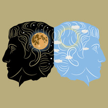 Concept Of Polarity Of Human Brain And Consciousness. Double Human Profiles With Sunny Day And Starry Night With Full Moon Inside. Creative Juxtaposition Metaphor. Two-faced Janus. Diurnal Rhythm.