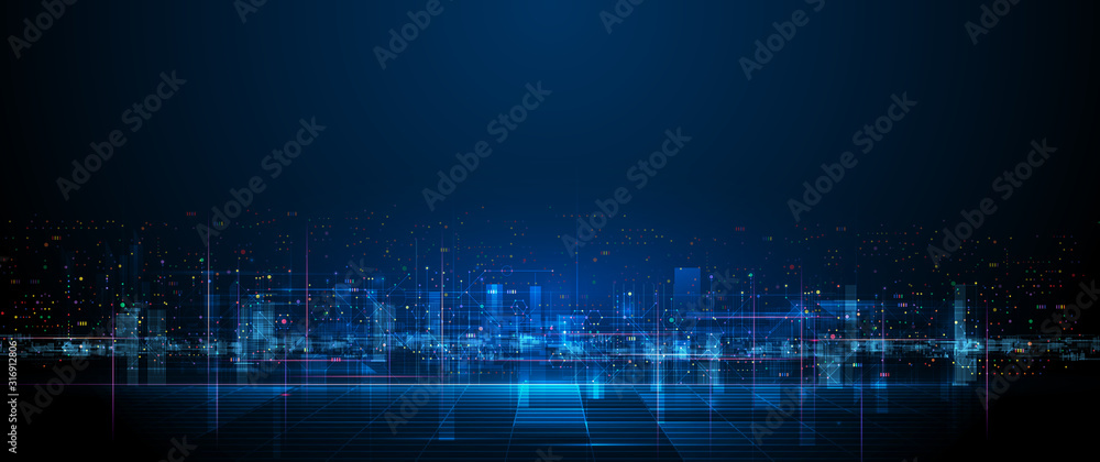 Vector illustration urban architecture, cityscape with space and neon light effect. Modern hi-tech, science, futuristic technology concept. Abstract digital high tech city design for banner background - obrazy, fototapety, plakaty 