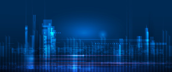 Vector illustration urban architecture, cityscape with space and neon light effect. Modern hi-tech, science, futuristic technology concept. Abstract digital high tech city design for banner background