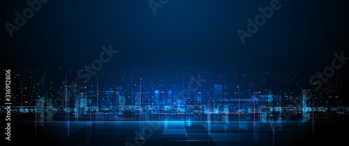 Fotografía Vector illustration urban architecture, cityscape with space and neon light effect