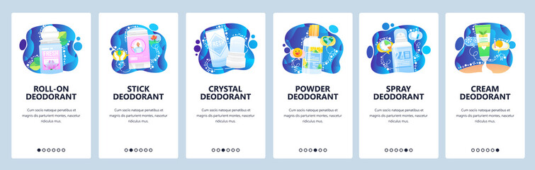 Wall Mural - different types of deodorant, stick, cream, spray, body care cosmetics. mobile app onboarding screen