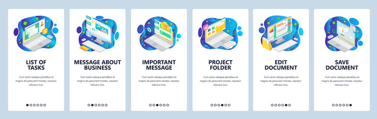 Business management isometric icons, task list, messages, edit document online. Mobile app onboarding screens. Menu vector banner template for website and mobile. Web site design flat illustration