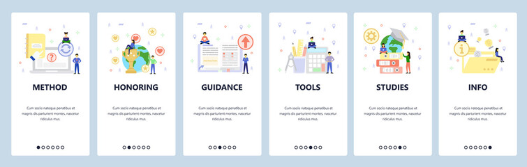 Wall Mural - education icons, office and studying accessories. mobile app onboarding screens. menu vector banner 