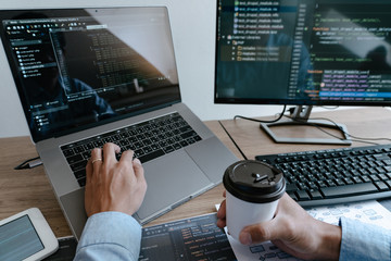 Wall Mural - programmer working on computer in it office typing data coding in software and checking code on comp