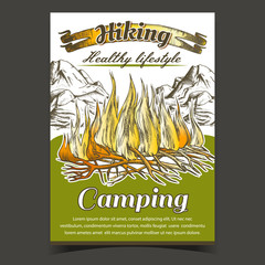 Sticker - Hiking Camping Adventure Advertise Banner Vector. Burning Tree Branch Sticks Sprouts Camping Fire And Mountains. Activity Healthy Lifestyle Hand Drawn In Retro Style Colorful Illustration