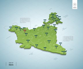Wall Mural - stylized map of india. isometric 3d green map with cities, borders, capital, regions. vector illustr