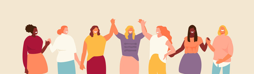 Group of multiethnic woman holding hands. Female support and feminism vector illustration