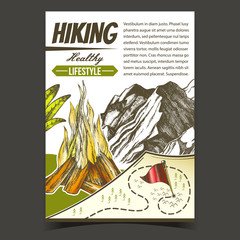 Sticker - Hiking Healthy Lifestyle Advertising Poster Vector. Burning Bonfire, Rocky Cliff Mountain And Hiking Route Map With Flag Point. Sport Activity Hand Drawn In Retro Style Colorful Illustration